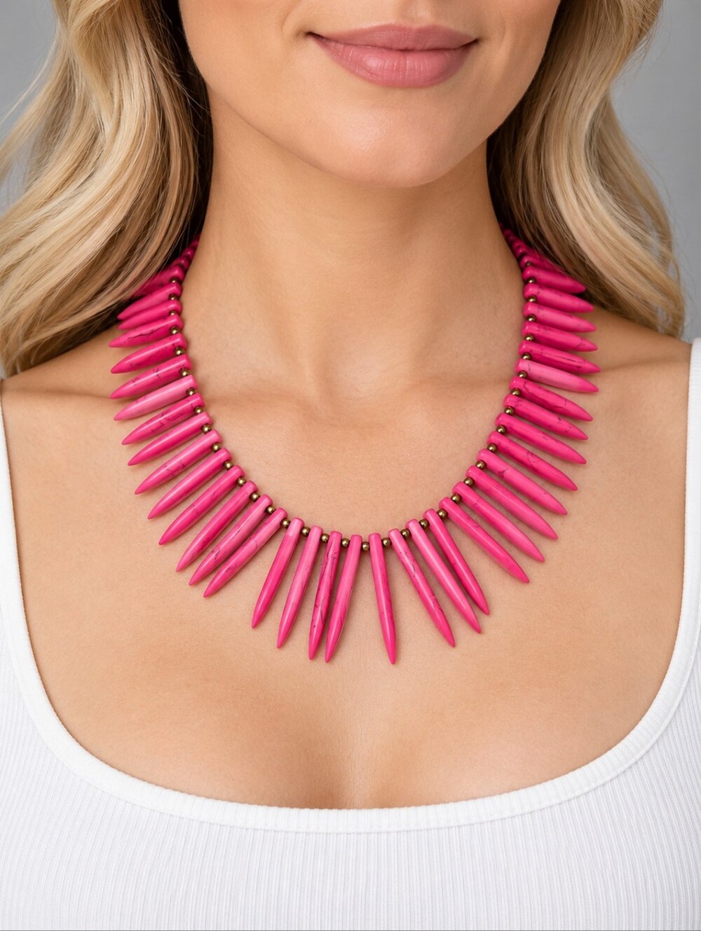 Vintage Bronze & Hot Pink Stone Spike Statement Necklace